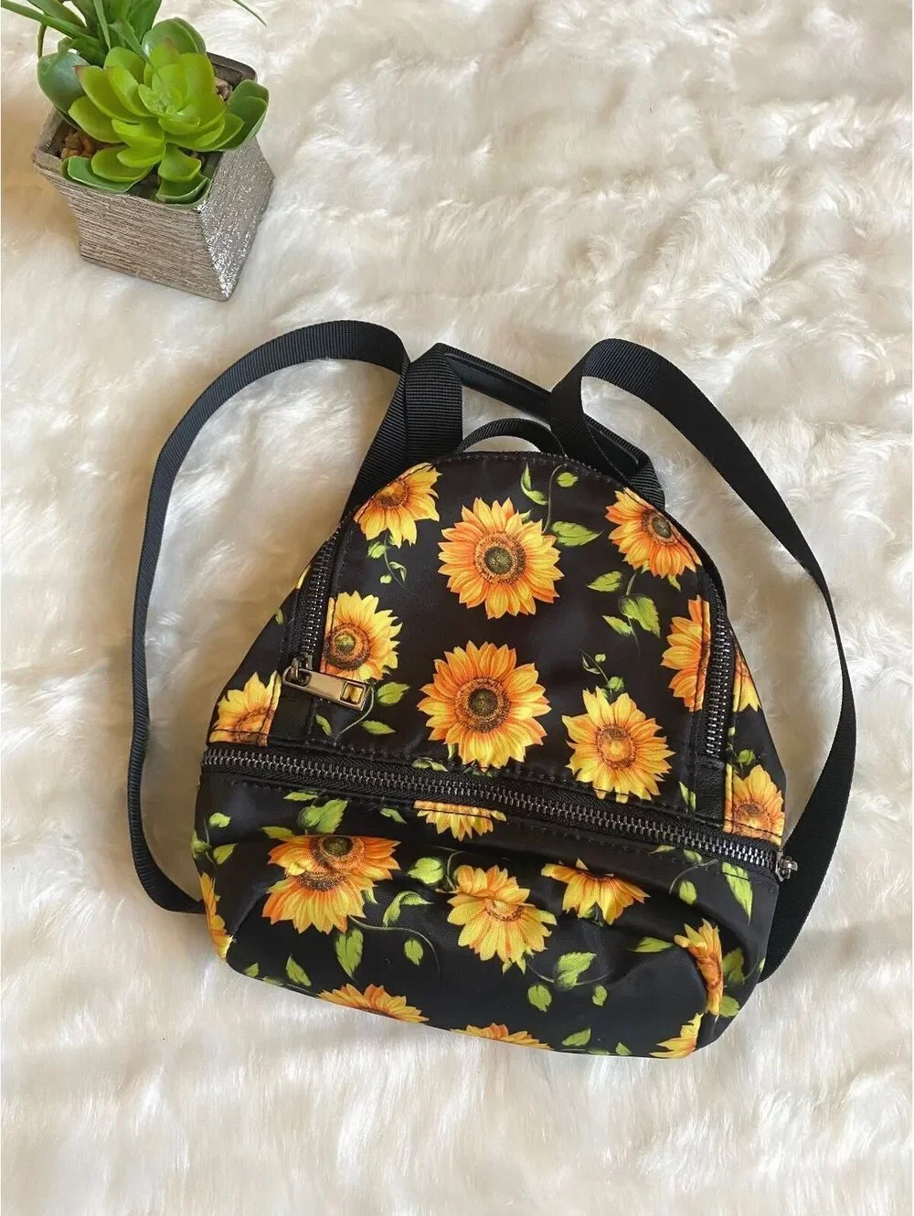 Small Black Backpack with Sunflower Print